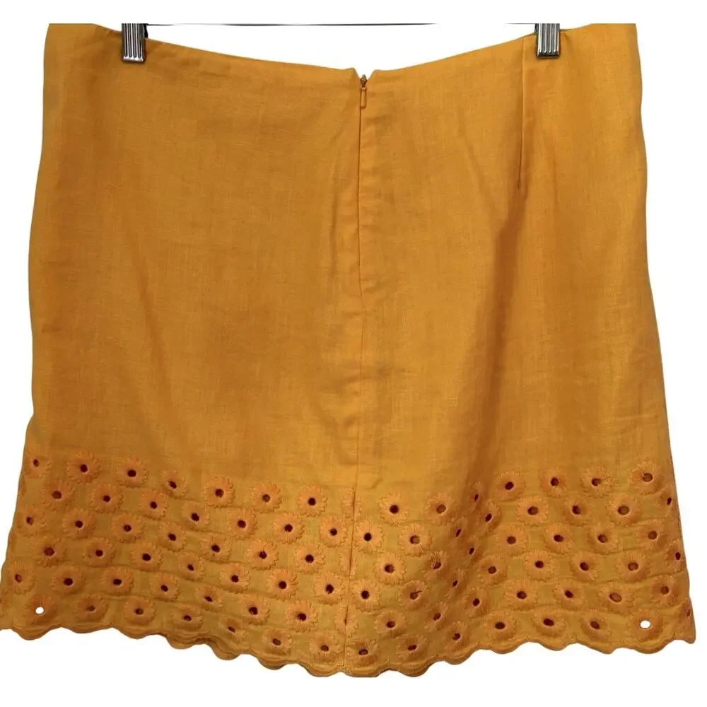 MICHAEL KORS Embroidered Floral Eyelet Linen‎ Skirt | Size 14 Yellow Lined Boho